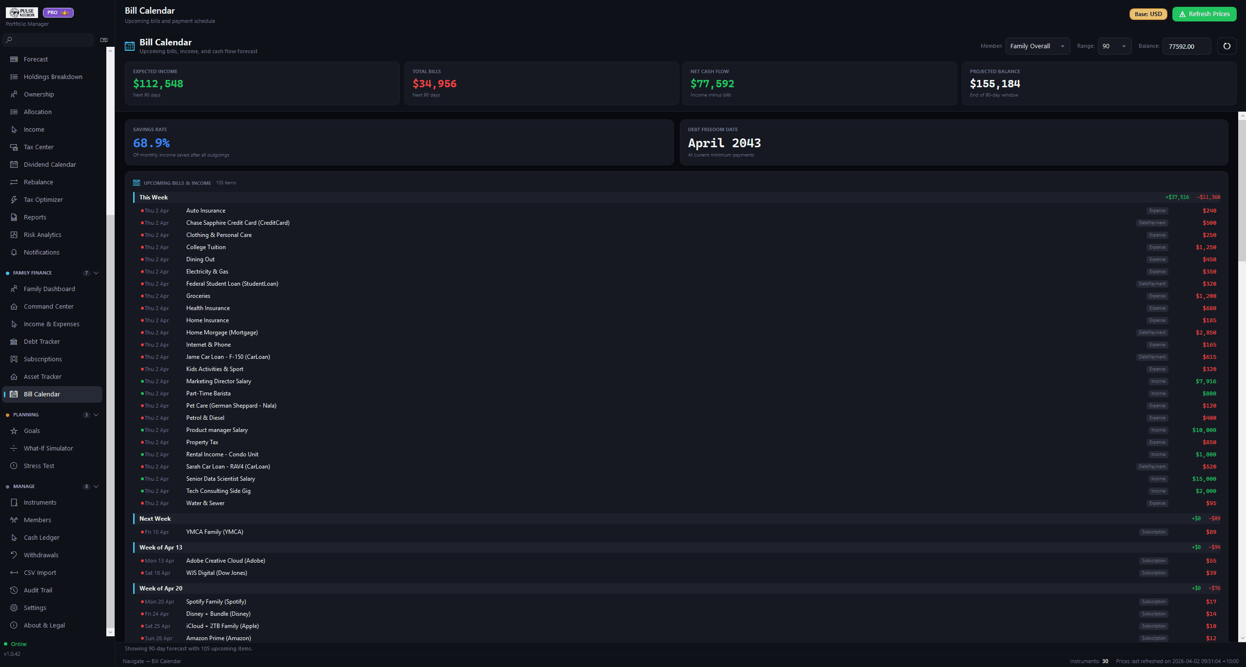 Bill calendar screen