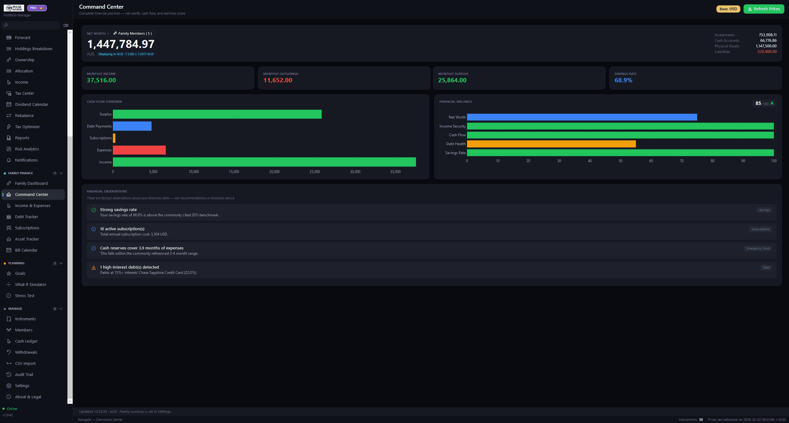 Financial command center screen