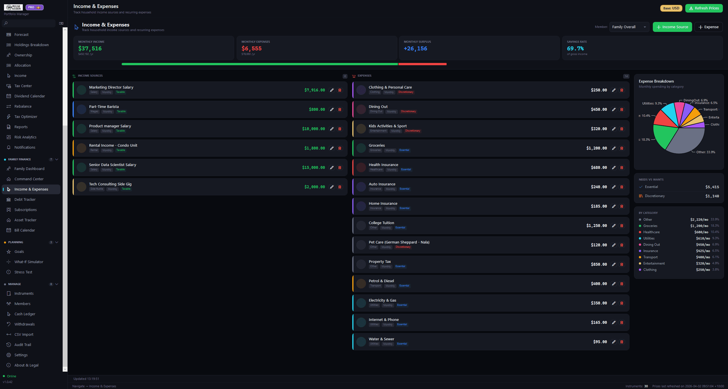 Income and expenses screen