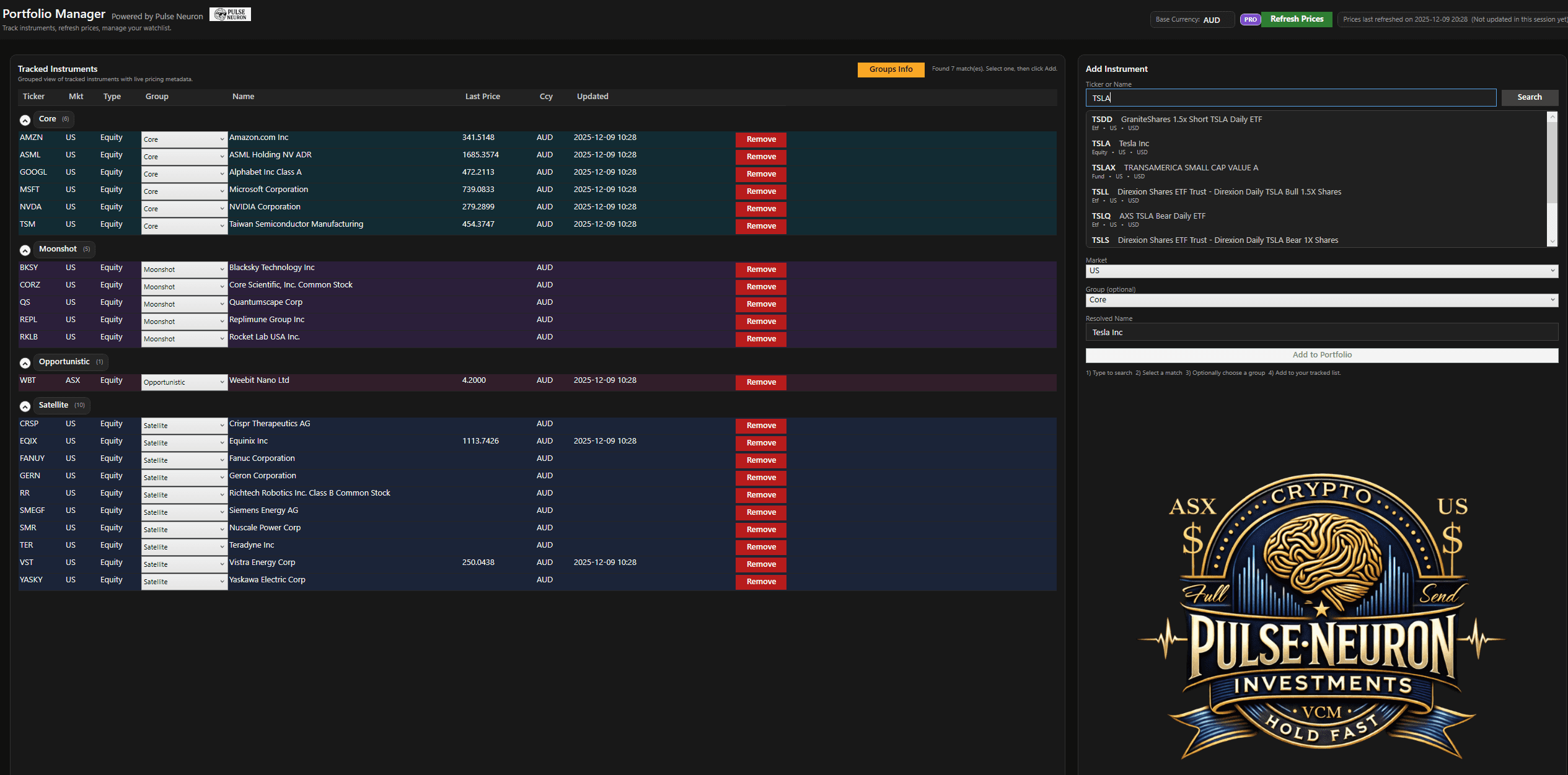 Instrument manager / adder