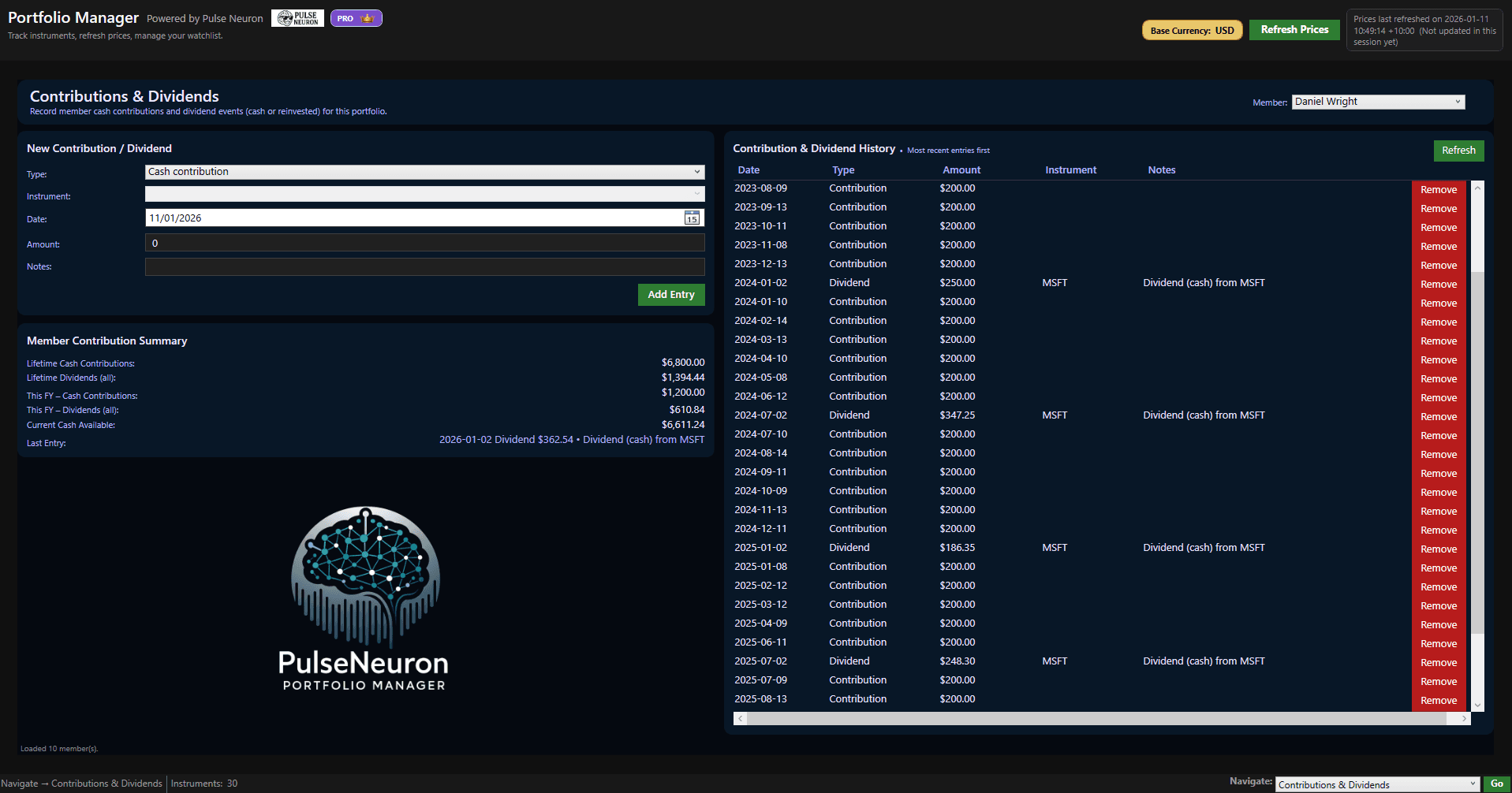 Contributions and dividends screen