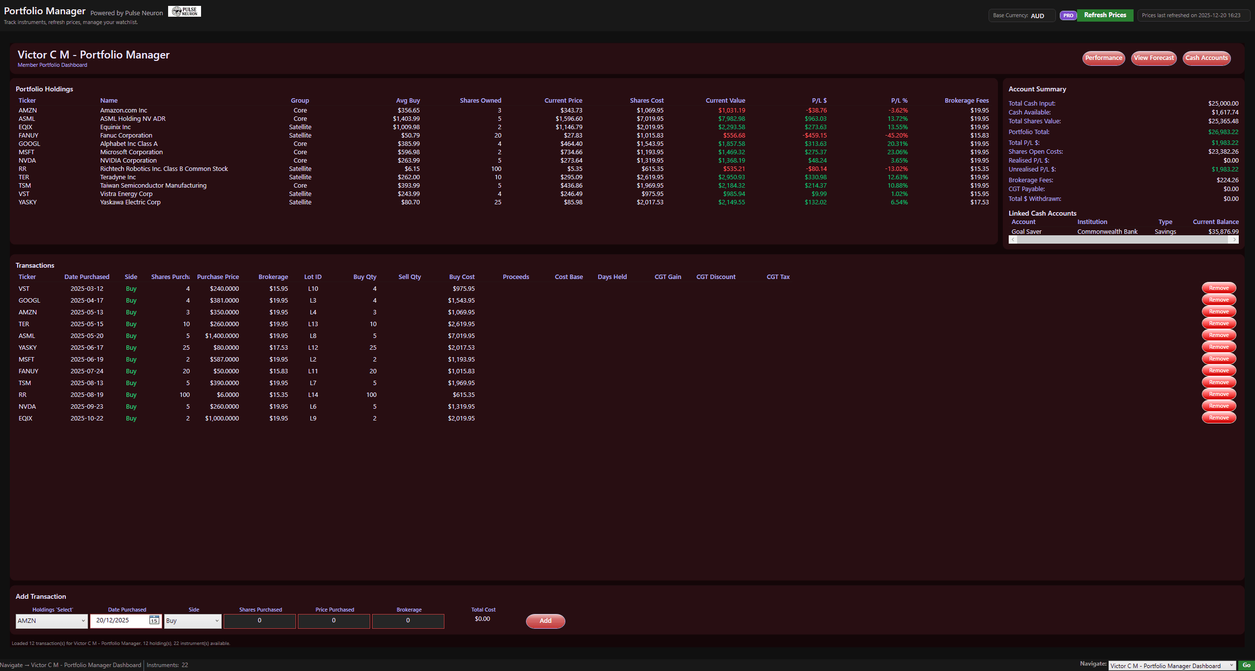 Member portfolio dashboard