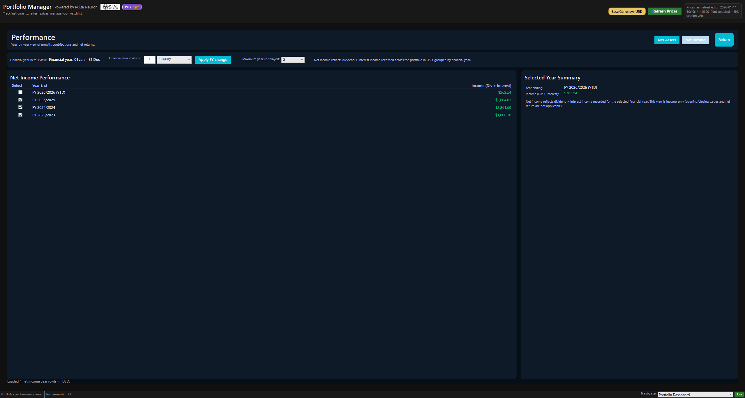 Portfolio performance Net Income screen