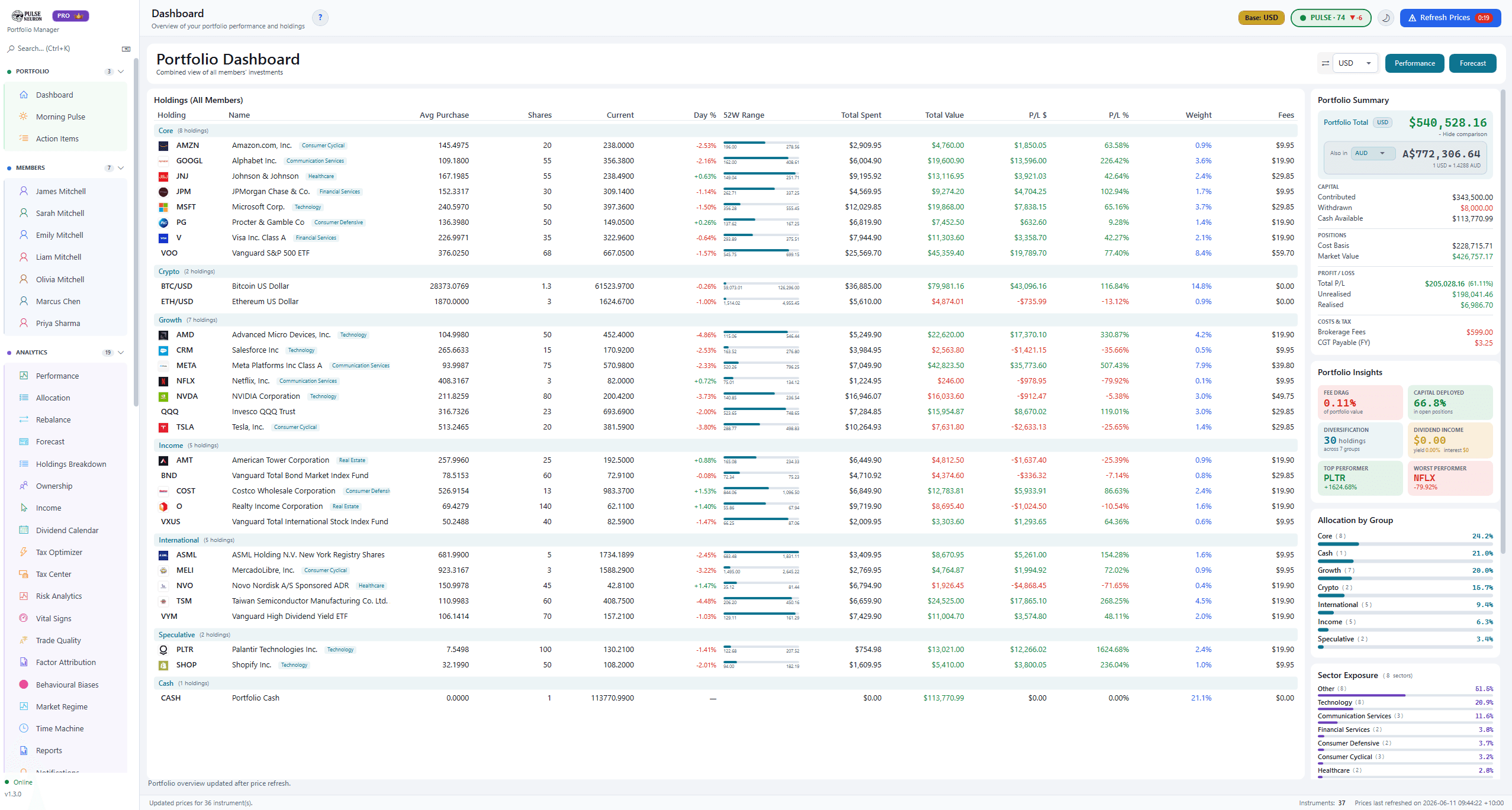 Portfolio dashboard — light theme
