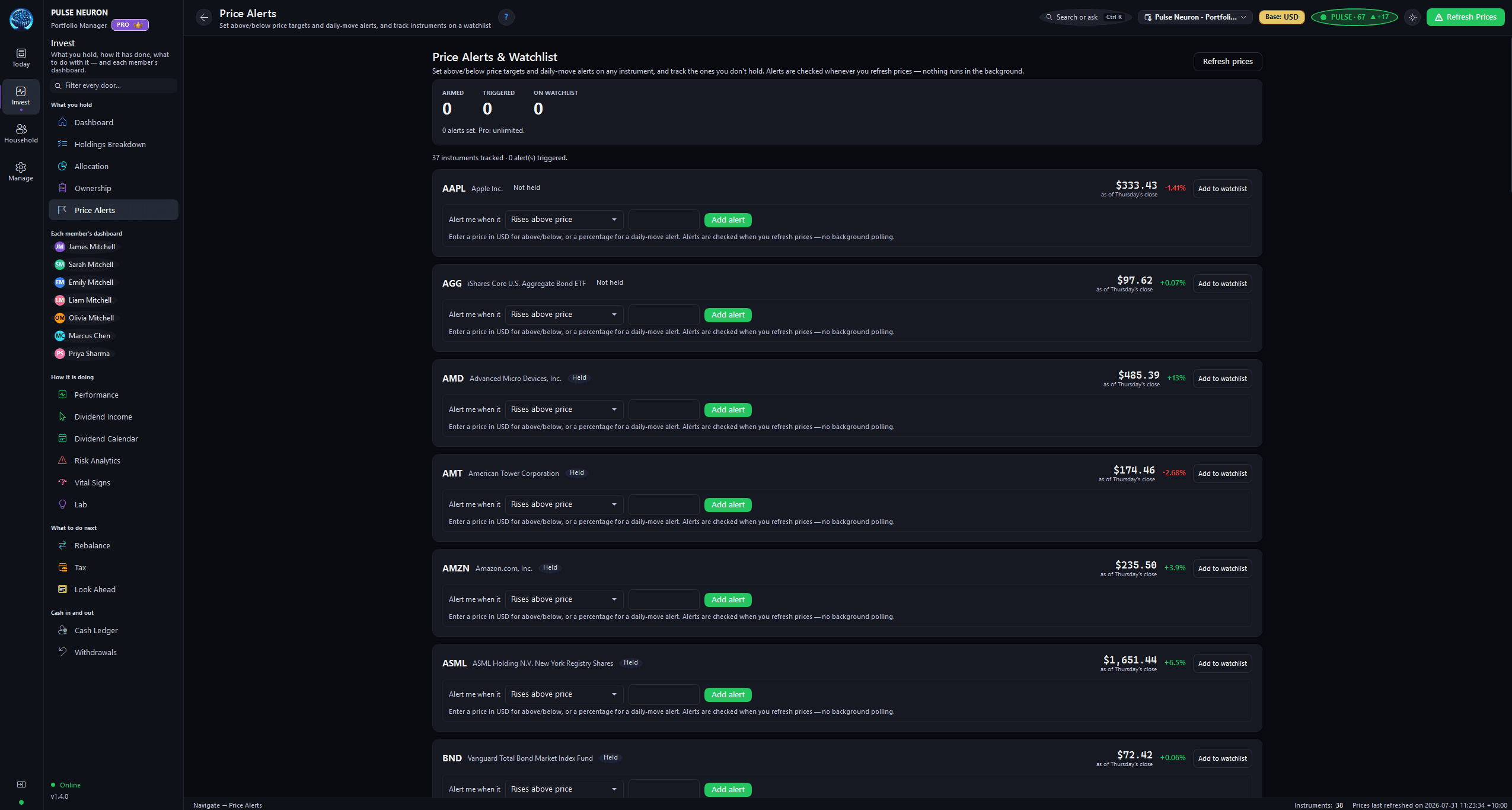 Price alerts and watchlist screen