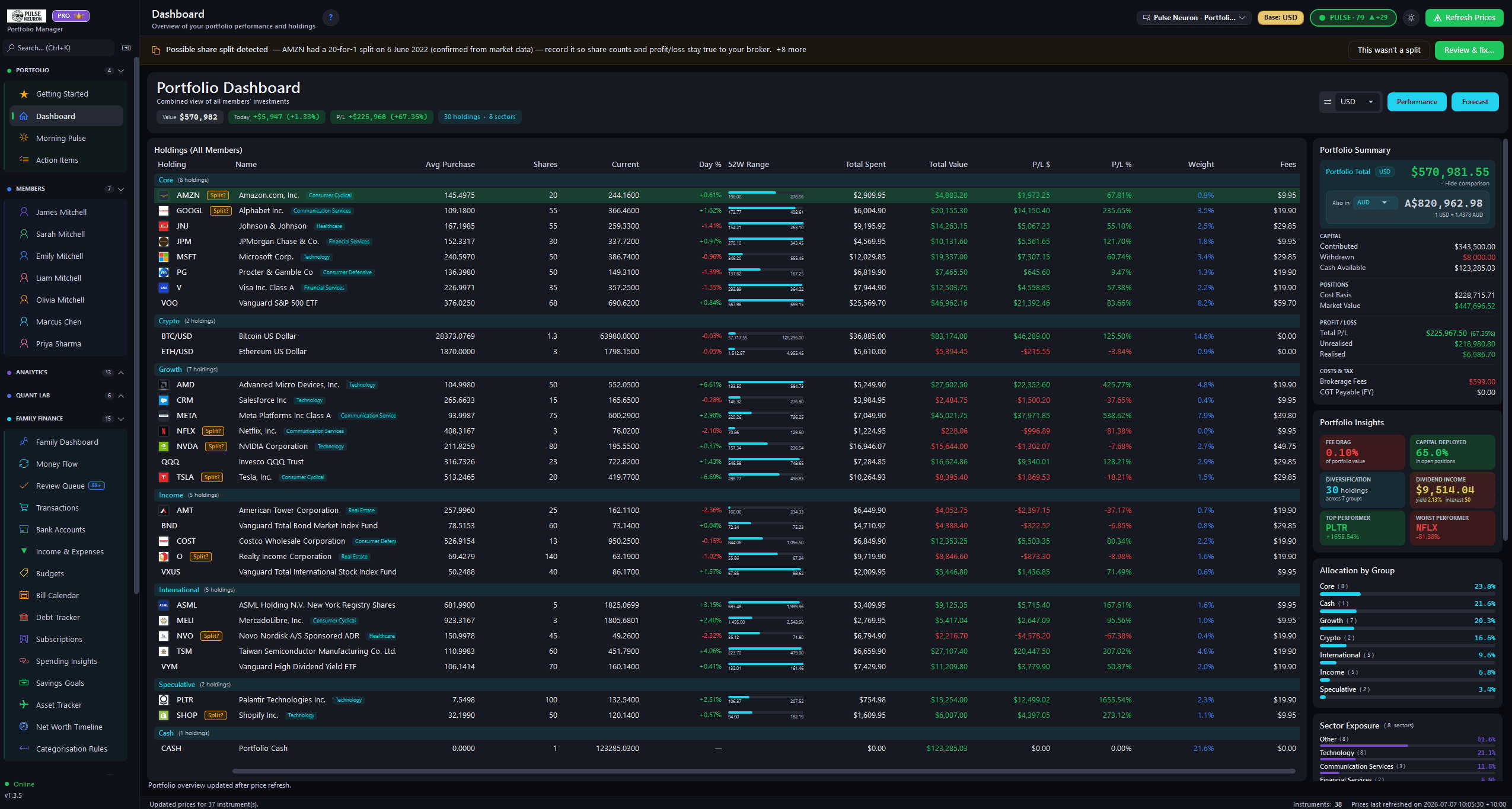 Portfolio dashboard with a share-split detection banner and per-holding split markers