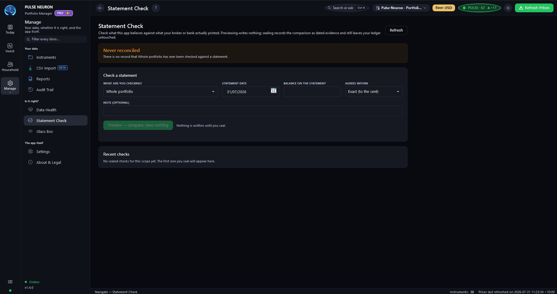 Statement Check reconciliation screen