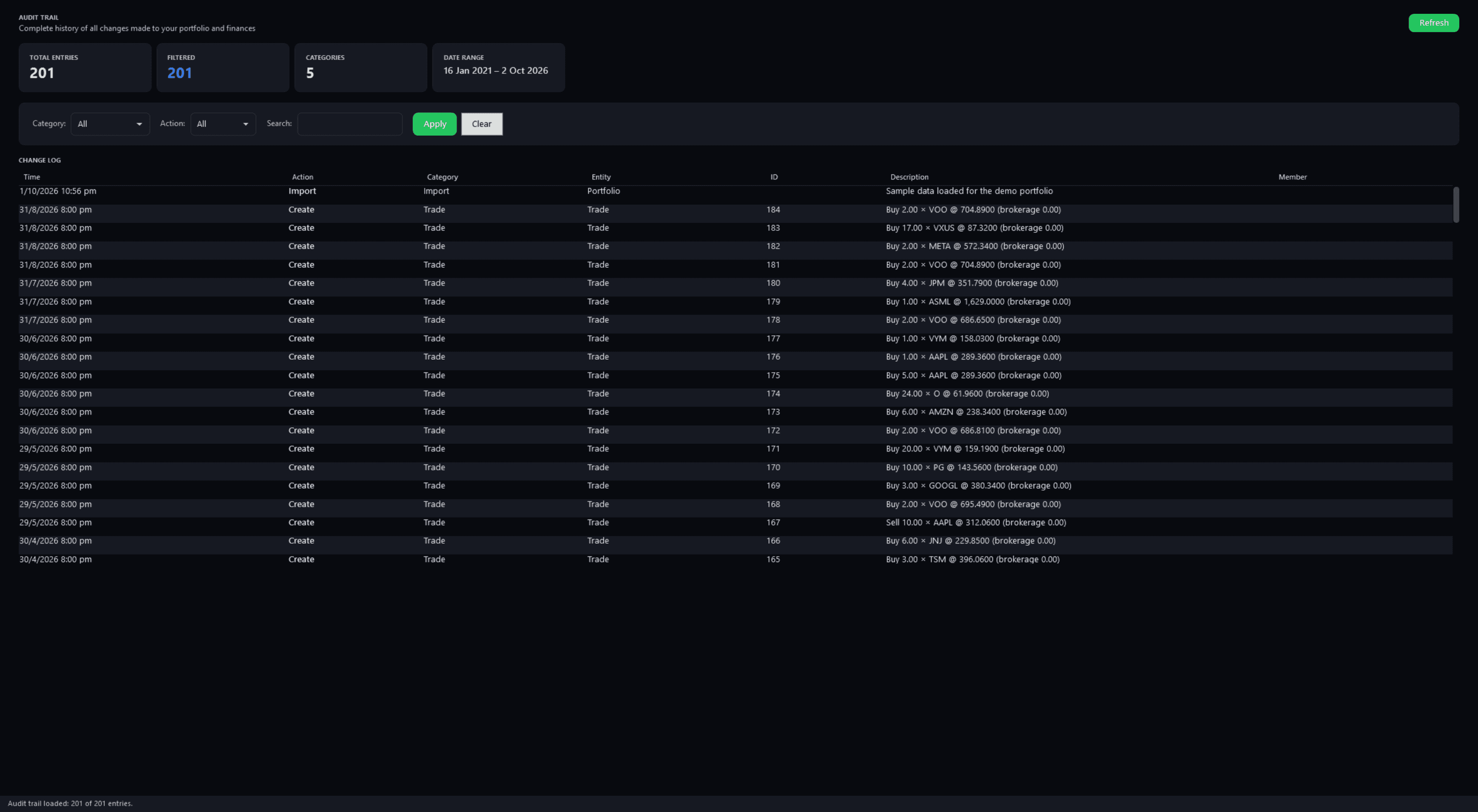 The Audit Trail: 201 entries in five categories from January 2021 to October 2026, its filters, and the change log, newest first: the demo's sample-data import, then each trade