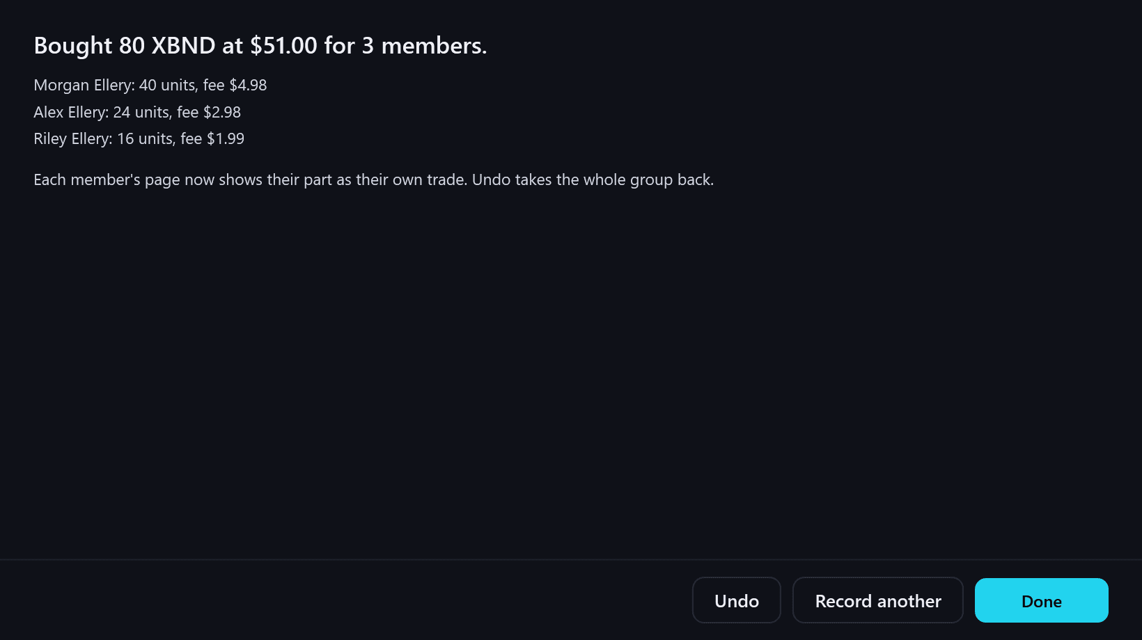 The group trade after Record, rendered from the app for a fictional family: “Bought 80 XBND at $51.00 for 3 members.”, “Morgan Ellery: 40 units, fee $4.98”, “Alex Ellery: 24 units, fee $2.98”, “Riley Ellery: 16 units, fee $1.99” and “Each member's page now shows their part as their own trade. Undo takes the whole group back.”, with Undo, Record another and Done