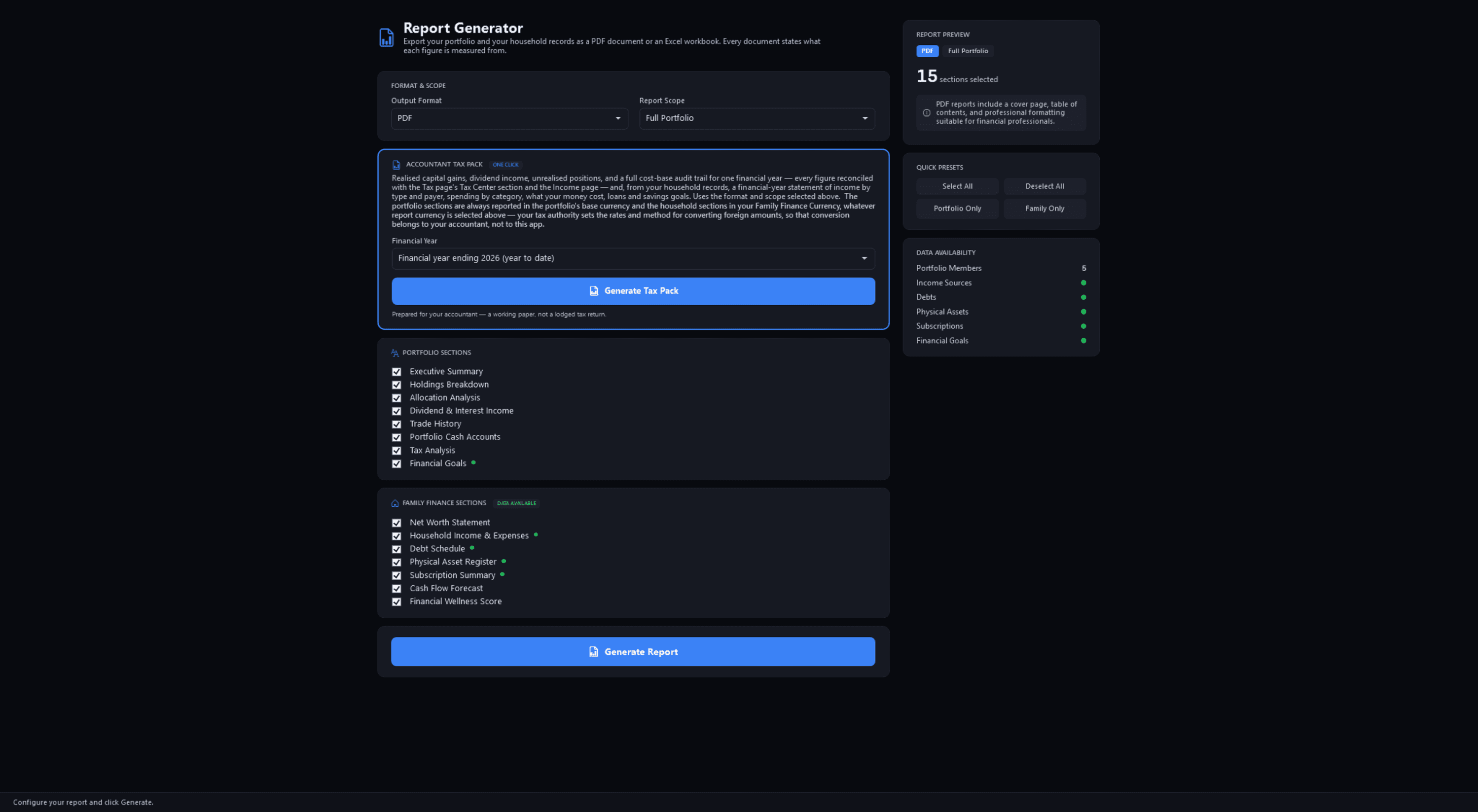 The Report Generator: PDF chosen, the Full Portfolio scope, the Accountant Tax Pack card and 15 sections ticked, with the data available for each