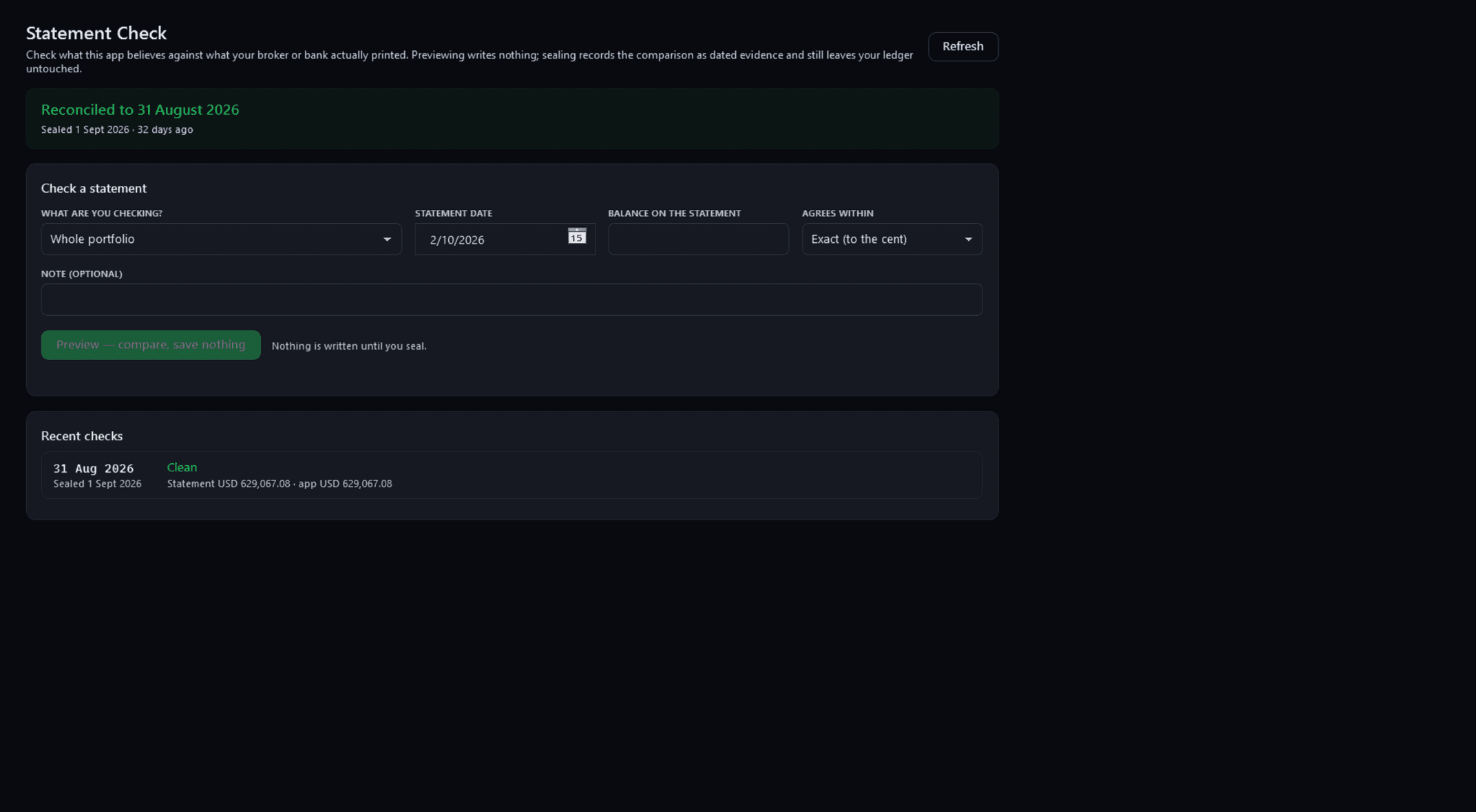 Statement Check: the portfolio reconciled to 31 August 2026, the form to check a statement, and a recent check where the statement and the app agree to the cent